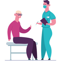 Male Patient With Glasses And Pink Sweater Sitting Next To Doctor In Teal Scrubs Holding Clipboard During Medical Consultation