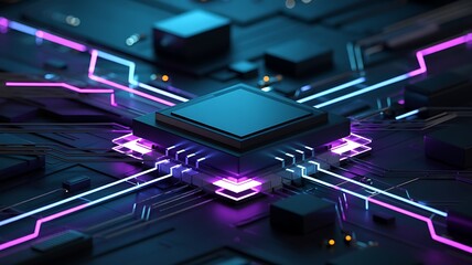 Futuristic glowing circuit board with a central processor and neon pink and blue illuminated data pathways