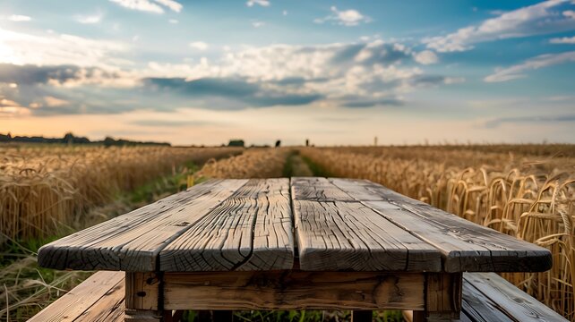 Rustic wooden picnic table in a golden wheat field under a dramatic sunset sky with clouds