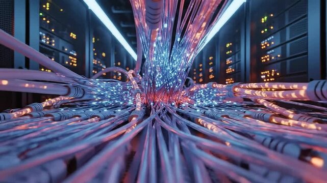 Illuminated Network Cables in Data Center Servers with Blue and Red Light Highlighting Connections for Telecoms and Technology Infrastructure and Communication Industry