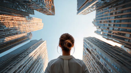 Fototapeta premium A woman gazes upwards at towering skyscrapers in an urban setting, capturing the beauty of modern architecture.