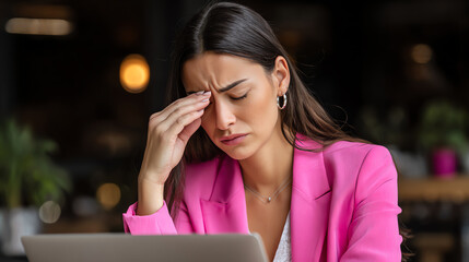A woman in a pink blazer is stressed while working on a laptop, showing the impact of work-life balance challenges.