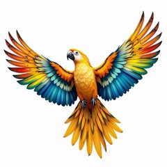 Obraz premium Vibrant blue and yellow macaw parrot flying with wings spread isolated on white background