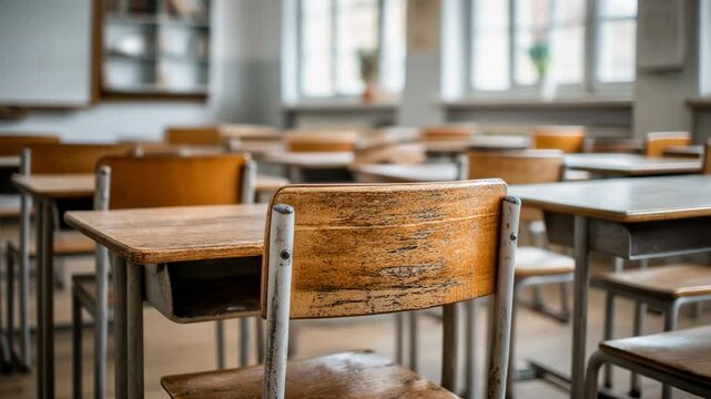 Empty classroom with wooden desks and chairs, ideal for education and learning themes