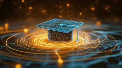Innovative 3D graduation cap design with glowing lines and digital elements for educational themes - Powered by Adobe