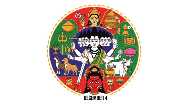 Celebrate vibrant Hindu festival of Bhairava Ashtami on December 4 with colorful illustration, perfect for cultural events, religious observances, and festive announcements