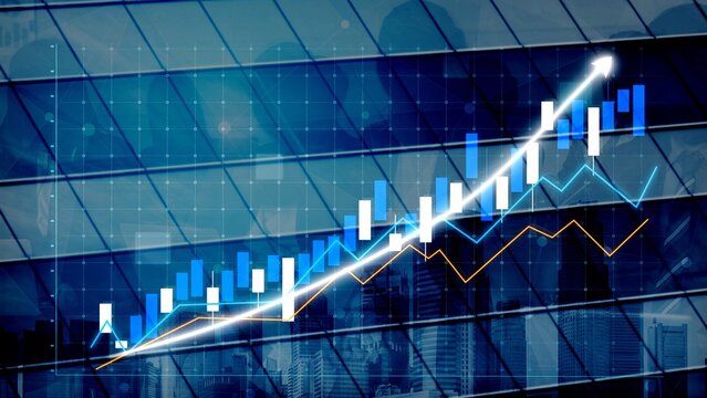 This abstract financial chart highlights growth trends against a modern cityscape backdrop, emphasizing the concepts of investment, business progress, and economic development. Copula - Powered by Adobe