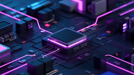 Futuristic glowing neon circuit board with central processor and glowing pink data lines in a dark technological environment