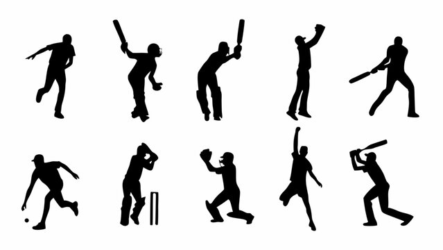 Dynamic cricket players in action silhouettes, showcasing batting, bowling, and fielding skills for sports enthusiasts and team spirit designs, originally vector art