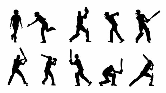 Dynamic cricket players silhouettes showing batting, bowling, fielding, and wicket keeping action poses, perfect for sports marketing materials or website design