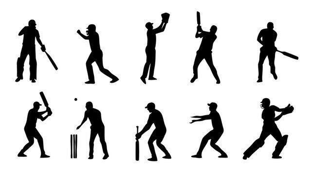 Dynamic cricket players silhouettes showcase action and skill, ideal for sports branding, team logos, or event promotions celebrating the spirit of the game