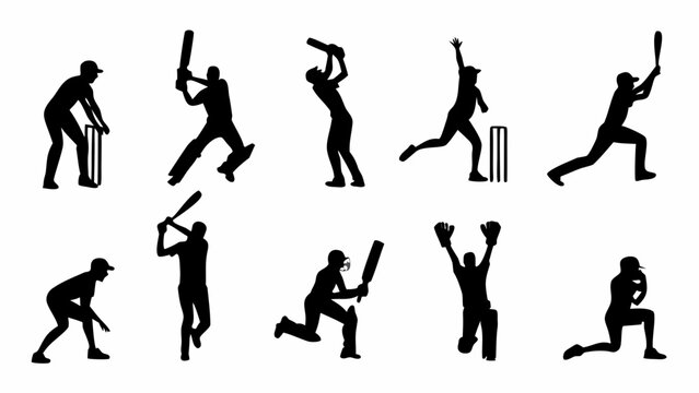 Dynamic cricket players silhouette set; ideal for sports design, team branding, or athletic promotions; captures energy, movement, and competitive spirit