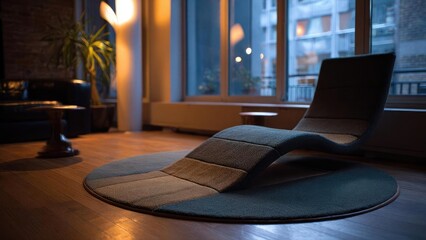 A modern curved lounge chair on a circular rug in a cozy living room with large windows and warm lighting. Concept Modern curved lounge chair, Circular rug, Cozy living room, Large windows