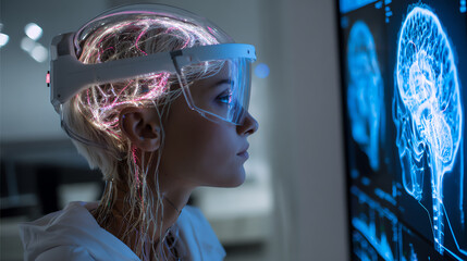 A young woman explores advanced neural technology with a futuristic headset, highlighting the intersection of innovation and consciousness.