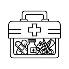 Outline icon of a first aid kit box with medical supplies like bandage, bottle, and scissors, isolated on