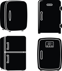 Set of various mini fridge models black silhouette vector icon set including single door, double door, and digital display features.
