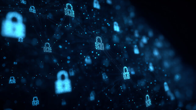 Abstract digital space with blue padlock icons representing cybersecurity and encryption in a futuristic environment.