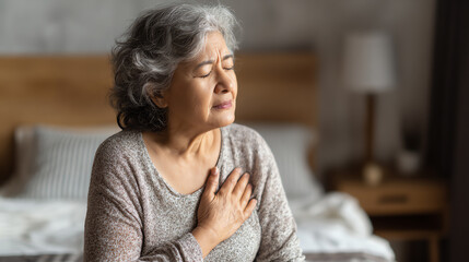 An elderly woman experiencing a moment of reflection and emotional depth in a cozy bedroom setting.