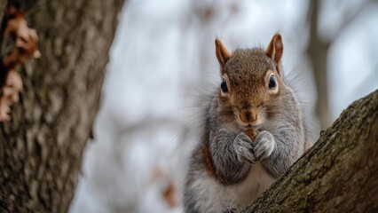 A gray squirrel perched on a tree branch, holding a nut in its paws and nibbling it. Concept Gray Squirrel, Nut Craving, Forest Wildlife, Tree Branch Portrait, Close-Up Squirrel