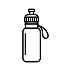 Simple black and white line icon illustration of a reusable sports water bottle with a cap and carrying loop, isolated on