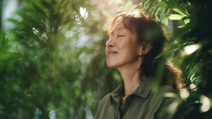 A woman in a green shirt smiles with her eyes closed among lush green plants, sunlight filtering through. Concept Greenery backdrop, Sunlit portrait, Serene smile, Woman in green shirt