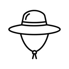 Simple black and white line icon of a wide brim sun hat with a chin strap, isolated on