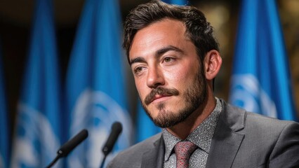Bearded man in a gray suit and patterned shirt speaks at a press conference with blue United Nations flags in the background. Concept Bearded man, gray suit, patterned shirt, press conference