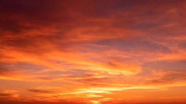 Beautiful red sunset sky with dramatic fire orange clouds over a summer landscape at dusk