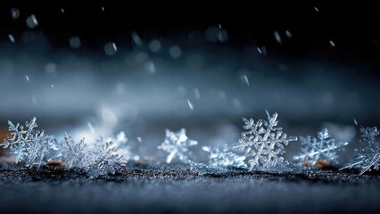 Macro shot of intricate snowflakes on a frosted surface with gentle snow falling in the background. Concept Macro snowflake close-up, Frosted surface detail, Gentle snowfall backdrop