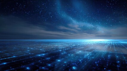 A futuristic blue digital grid stretches across a glowing horizon beneath a starry night sky. Concept Futuristic blue digital grid, glowing horizon, starry night sky, neon sci-fi landscape