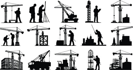Collection of black silhouettes of construction cranes workers and buildings on white background