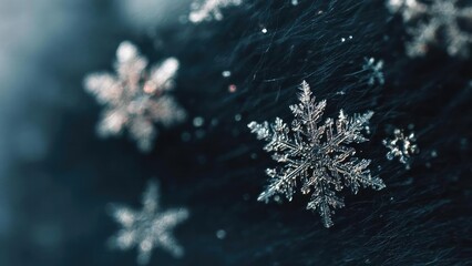Macro close-up of a delicate snowflake resting on a dark blue background. Concept Macro snowflake close-up, Delicate ice crystal details, Dark blue background, Winter macro photography