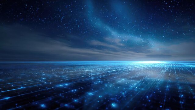 A futuristic blue digital grid stretches across a glowing horizon beneath a starry night sky. Concept Futuristic blue digital grid, glowing horizon, starry night sky, neon sci-fi landscape