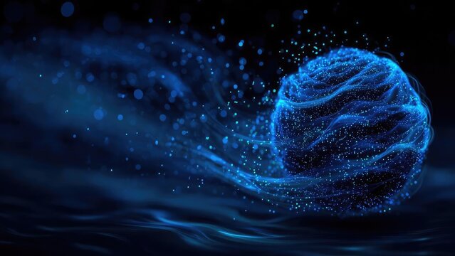 An abstract glowing blue sphere made of tiny particles and swirling light trails against a dark, wavy background. Concept Abstract blue sphere, Particle-based glow, Swirling light trails
