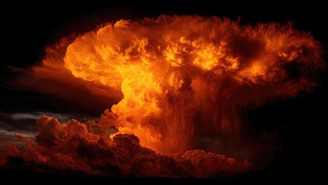 A massive orange mushroom-shaped cloud rising into the night sky. Concept Dramatic Night Sky, Massive Orange Cloud, Mushroom Cloud Imagery, Nighttime Skyscape, Awe-Inspiring Atmosphere