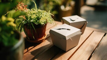 Obraz premium Two cardboard takeout boxes on a wooden outdoor table beside a potted plant in bright sunlight. Concept Cardboard takeout boxes, Outdoor dining, Wooden table, Sunlit scene, Potted plant