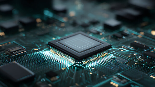Close-up of a microprocessor on a circuit board showcasing advanced technology and intricate design.