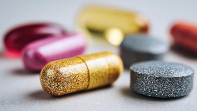 Colorful glittery pills and capsules scattered on a surface, close-up macro shot. Concept Macro close-up of glittery pills, Colorful capsules scattered on a surface