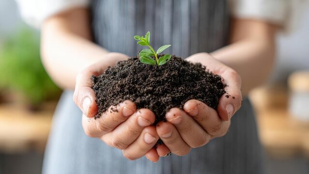 Hands holding soil with a small green seedling sprouting from it. Concept Gardening, Seedling, Soil, Hands, Nature Close-Up