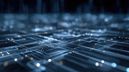 Abstract blue network of glowing lines and light dots resembling fiber optics or circuitry. Concept Abstract blue network, Glowing circuitry, Neon fiber-optic grid, Futuristic digital design