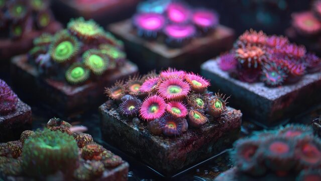 Neon pink zoanthid corals with green centers on coral plugs in a reef aquarium. Concept Neon pink zoanthids with green centers on coral plugs, Green-centered zoanthid polyps in a reef aquarium