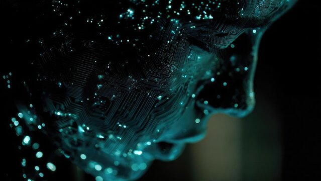 Close-up of a humanoid face made from glowing circuitry and blue digital particles, symbolizing artificial intelligence. Concept Close-up humanoid face built from glowing circuitry