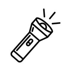 Simple black and white line art icon of a glowing flashlight shining light, isolated on