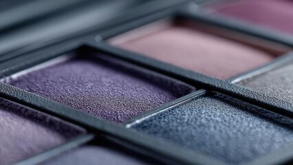 Close-up of a makeup eyeshadow palette with purple and pink shades. Concept Eyeshadow palette close-up, Purple and pink shades, Makeup detail shot, Beauty photography, Swatches and textures