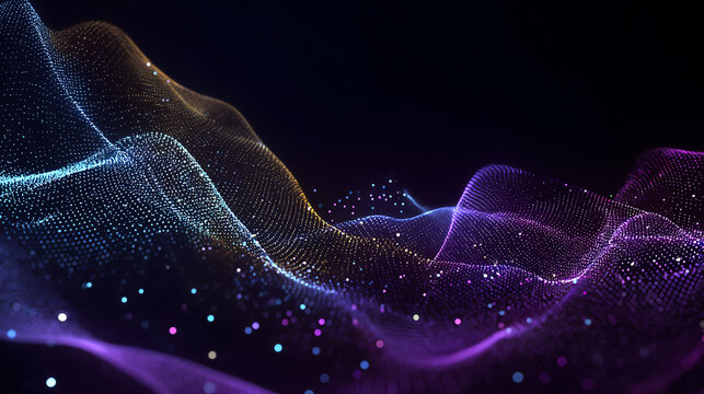 Colorful abstract wave patterns with luminous dots create a mesmerizing visual dance in a digital space. - Powered by Adobe