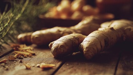 Fresh ginger roots on a rustic wooden surface, with a few peeled scraps nearby. Concept Fresh ginger roots, Rustic wooden surface, Ginger root photography, Food styling, Ginger peels