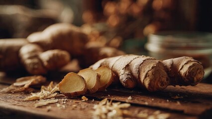 Fresh ginger root with sliced pieces on a rustic wooden board. Concept Fresh ginger root, Ginger slices, Rustic wooden board, Food photography, Natural kitchen styling