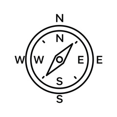 Simple black and white line art icon of a compass rose showing north, south, east, and west directions, isolated on