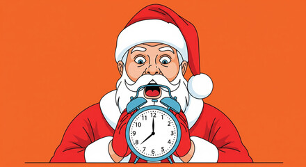 Christmas countdown surprise A wide-eyed Santa Claus reacts with alarm while holding an old-fashioned clock, conveying holiday urgency and time pressure