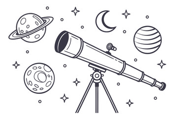 Telescope and Planets Illustration on White Background saturn earth © Shope3